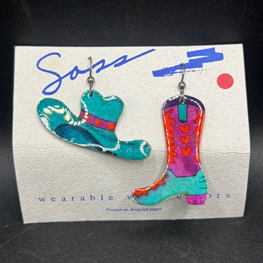Wearable Watercolors Artist Signed Cowboy Hat Cowboy Book Earrings, NWT Jewelry